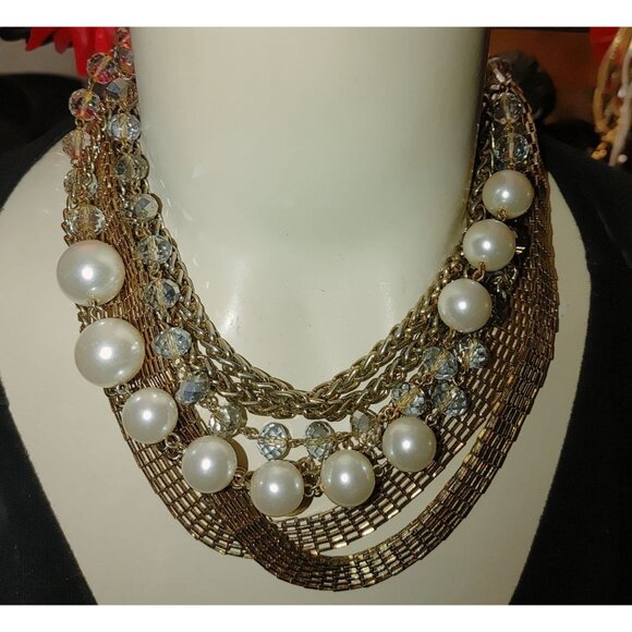 Statement Necklace Multi 8 Strand Glass Crystals Faux Pearls Gold Silver Chunky - Picture 2 of 15